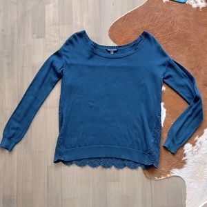 S American Eagle blue sweater with lace back